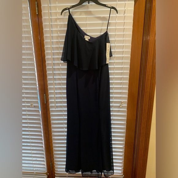 Bill Levkoff Navy Chiffon One Shoulder Floor Length Gown size 8 NWT - Picture 3 of 11